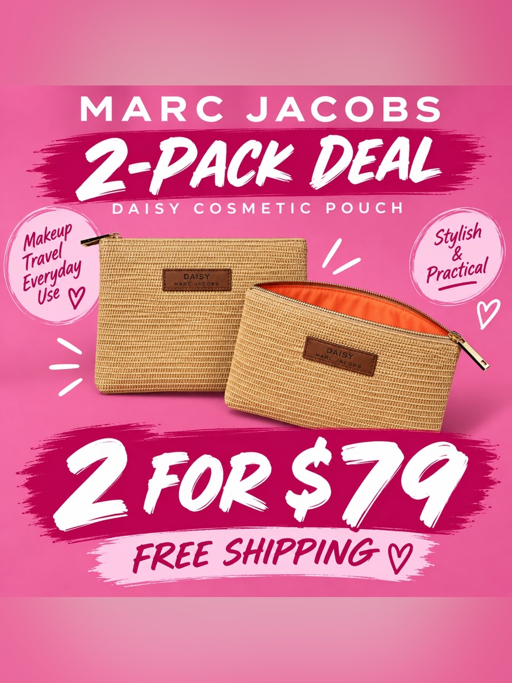 2-Pack Marc Jacobs Daisy Straw Cosmetic Pouch Makeup Bag – Beige